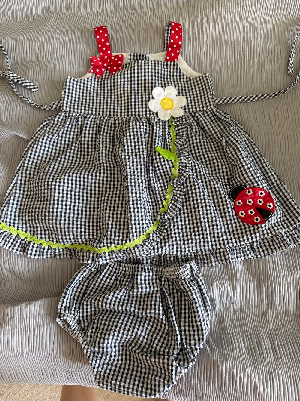 Rare Editions Black & White Gingham Dress Set with Red Polka Dot Straps